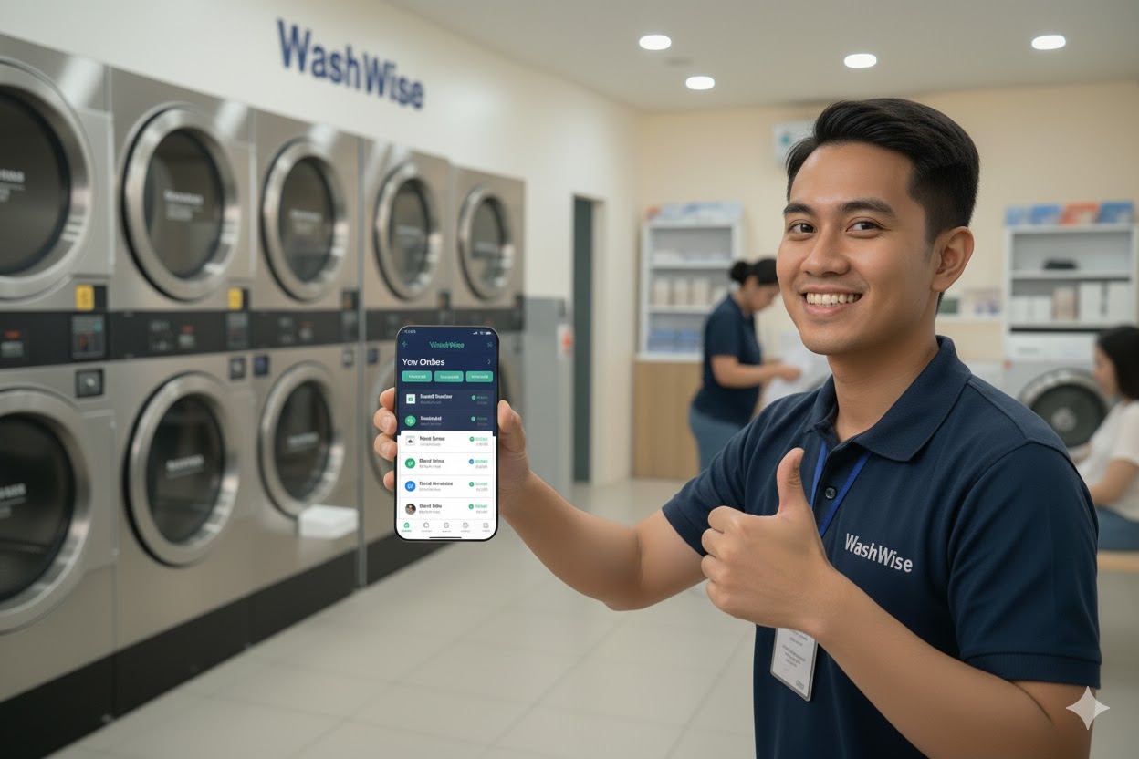 WashWise shop owner managing orders on phone